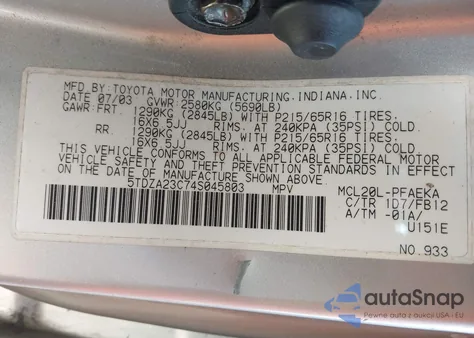 2004 Toyota Sienna Le from USA, damaged, VIN 5TDZA23C74S045803